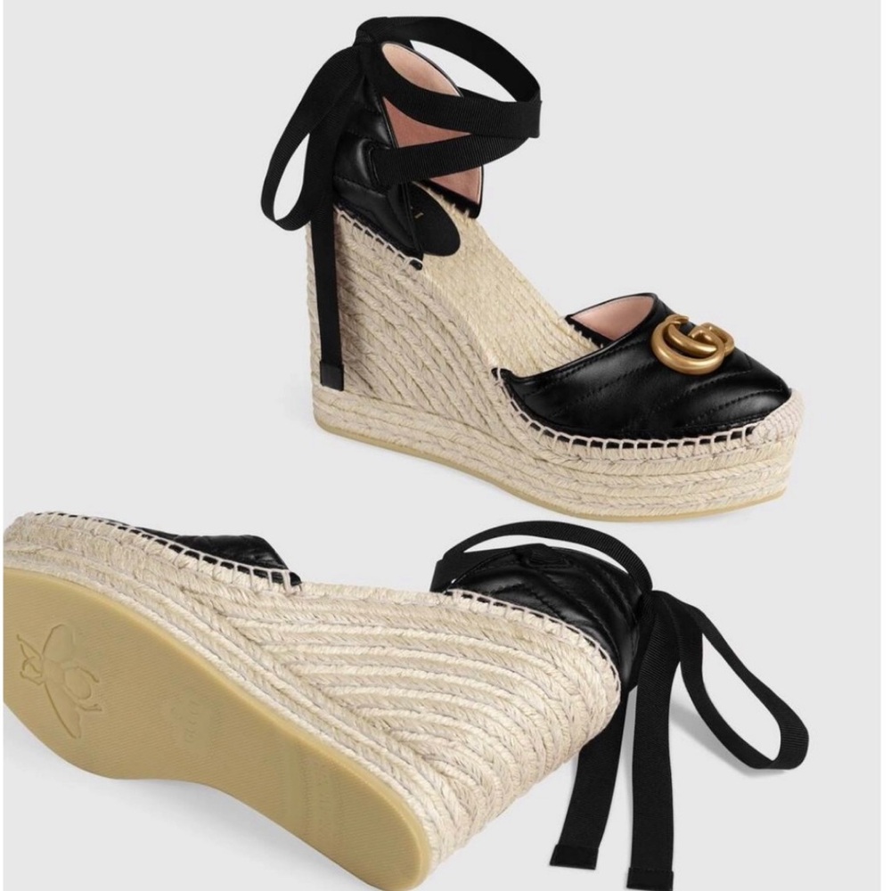 Gucci GG Marmont Platform MATELASSÉ Wedge Heels Espadrille Black Leather EU 35